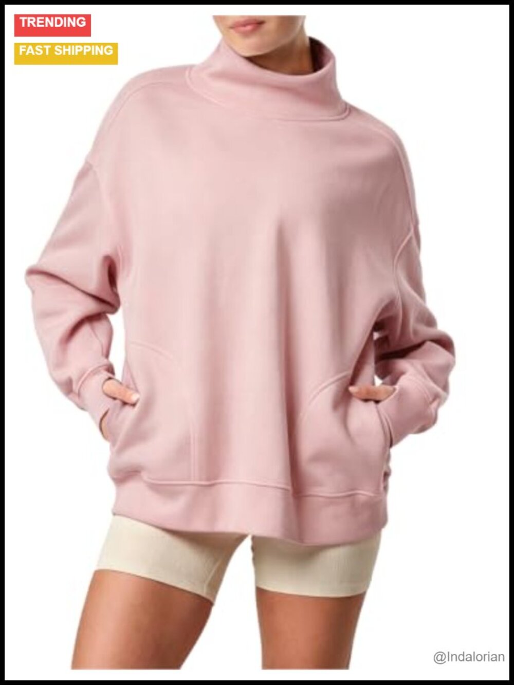 Mock Neck Oversized Fleece Lined Sweatshirt Thumbholes Pullover